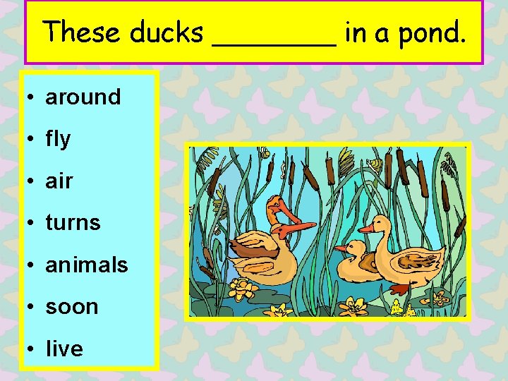 These ducks _______ in a pond. • around • fly • air • turns
