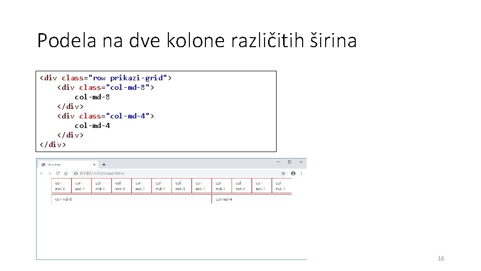 Podela na dve kolone različitih širina <div class="row prikazi-grid"> <div class="col-md-8"> col-md-8 </div> <div