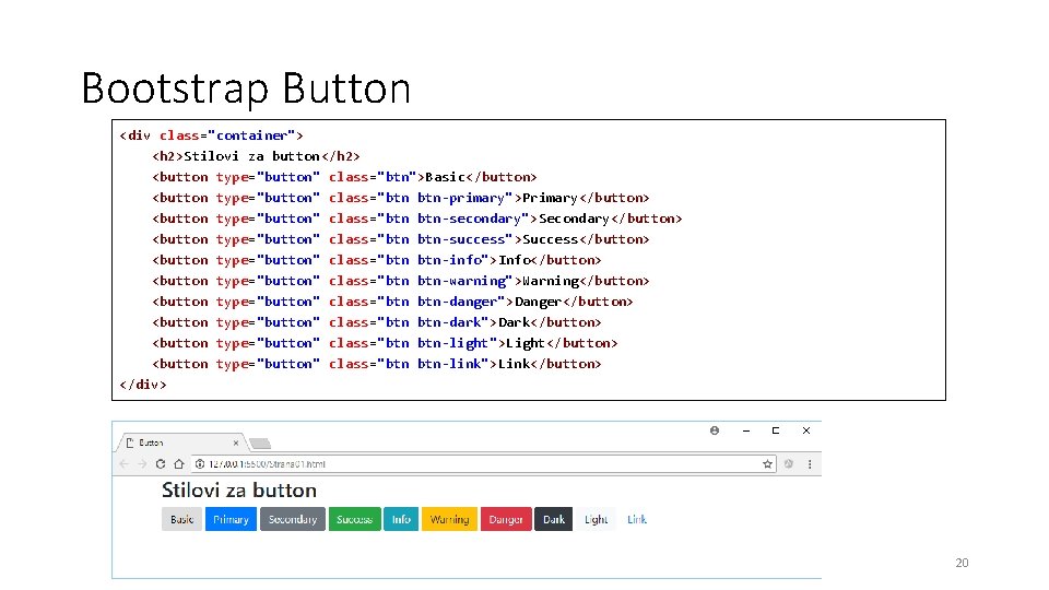 Bootstrap Button <div class="container"> <h 2>Stilovi za button</h 2> <button type="button" class="btn">Basic</button> <button type="button"