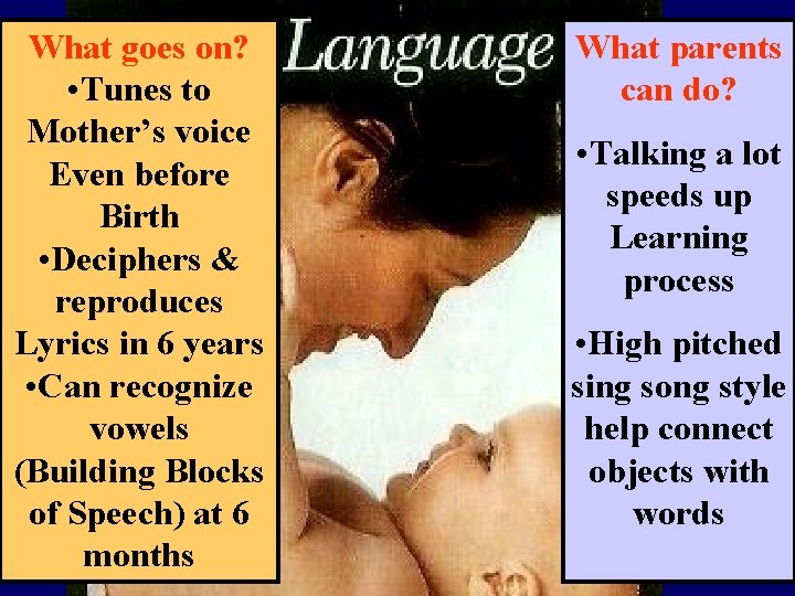 What goes on? • Tunes to Mother’s voice Even before Birth • Deciphers &