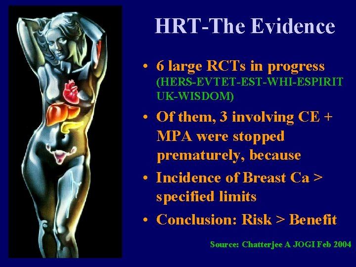 HRT-The Evidence • 6 large RCTs in progress (HERS-EVTET-EST-WHI-ESPIRIT UK-WISDOM) • Of them, 3