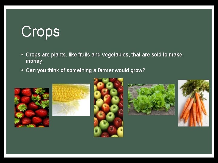 Crops • Crops are plants, like fruits and vegetables, that are sold to make