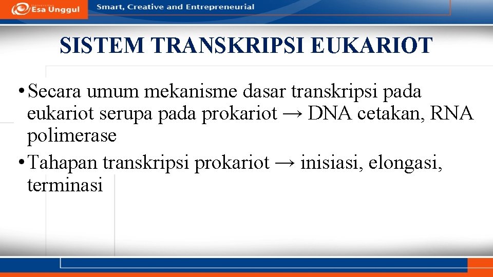 SISTEM TRANSKRIPSI EUKARIOT • Secara umum mekanisme dasar transkripsi pada eukariot serupa pada prokariot