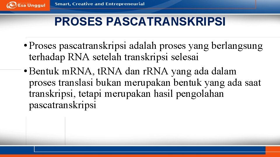 PROSES PASCATRANSKRIPSI • Proses pascatranskripsi adalah proses yang berlangsung terhadap RNA setelah transkripsi selesai