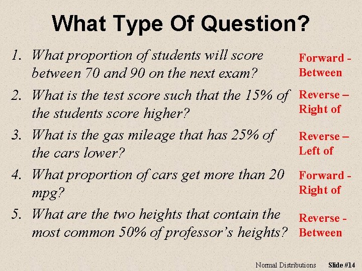 What Type Of Question? 1. What proportion of students will score between 70 and