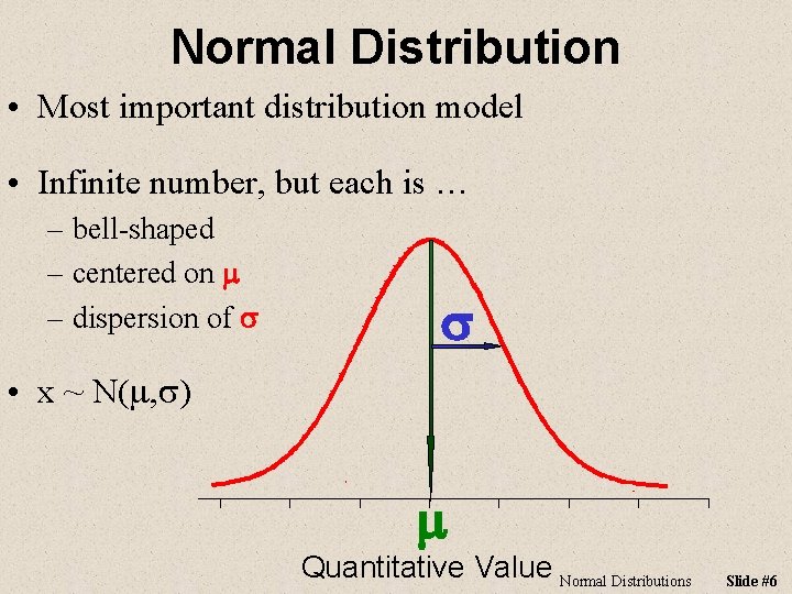 Normal Distribution • Most important distribution model • Infinite number, but each is …
