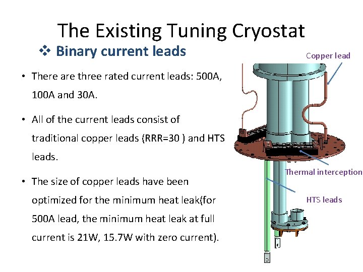 The Existing Tuning Cryostat v Binary current leads Copper lead • There are three
