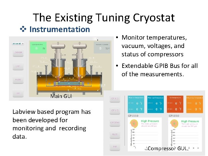 The Existing Tuning Cryostat v Instrumentation • Monitor temperatures, vacuum, voltages, and status of