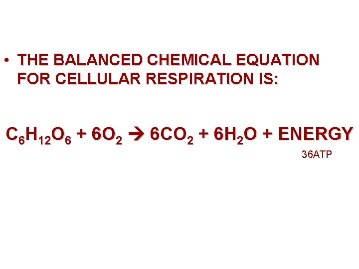  • THE BALANCED CHEMICAL EQUATION FOR CELLULAR RESPIRATION IS: C 6 H 12