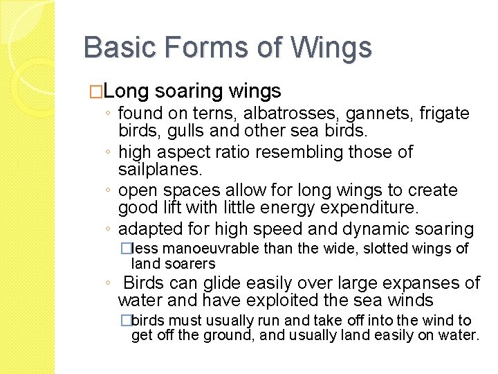 Basic Forms of Wings �Long soaring wings ◦ found on terns, albatrosses, gannets, frigate