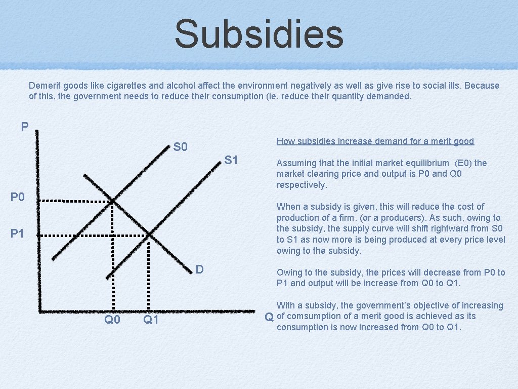 Subsidies Demerit goods like cigarettes and alcohol affect the environment negatively as well as