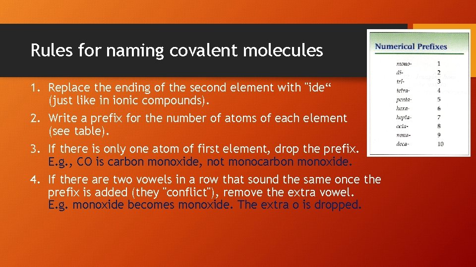 Rules for naming covalent molecules 1. Replace the ending of the second element with