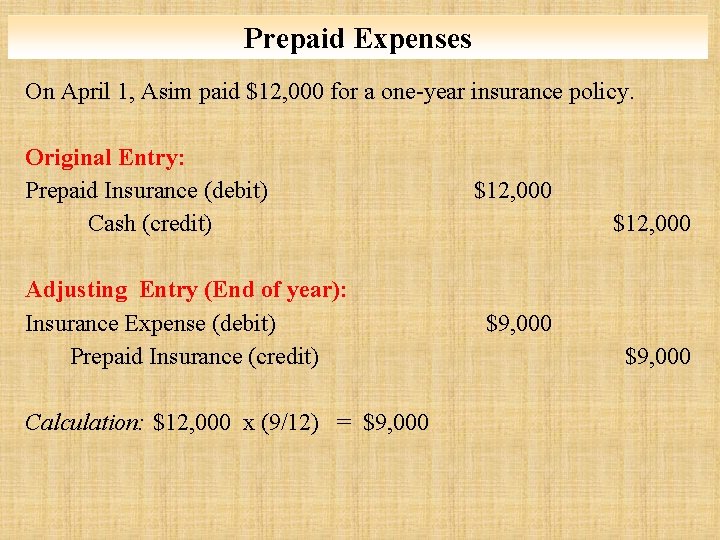 Prepaid Expenses On April 1, Asim paid $12, 000 for a one-year insurance policy. Prepaid Expenses On April 1, Asim paid $12, 000 for a one-year insurance policy.