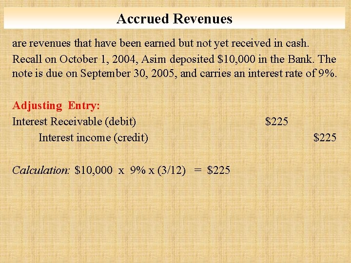 Accrued Revenues are revenues that have been earned but not yet received in cash. Accrued Revenues are revenues that have been earned but not yet received in cash.