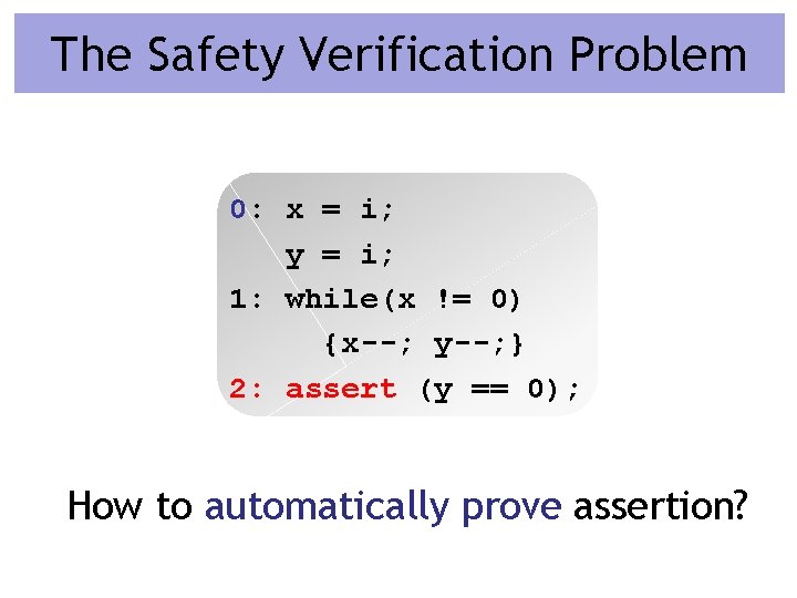 The Safety Verification Problem 0: x = i; y = i; 1: while(x !=