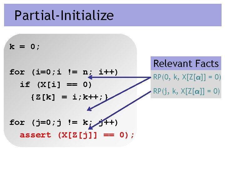 Partial-Initialize k = 0; for (i=0; i != n; i++) if (X[i] == 0)