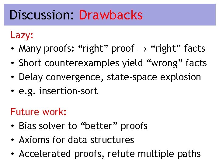 Discussion: Drawbacks Lazy: • Many proofs: “right” proof ! “right” facts • Short counterexamples