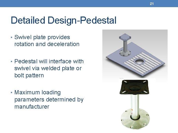 21 Detailed Design-Pedestal • Swivel plate provides rotation and deceleration • Pedestal will interface