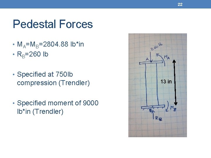 22 Pedestal Forces • MA=MB=2804. 88 lb*in • RB=260 lb • Specified at 750