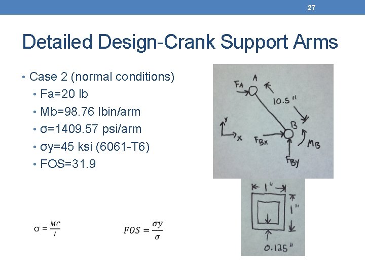 27 Detailed Design-Crank Support Arms • Case 2 (normal conditions) • Fa=20 lb •