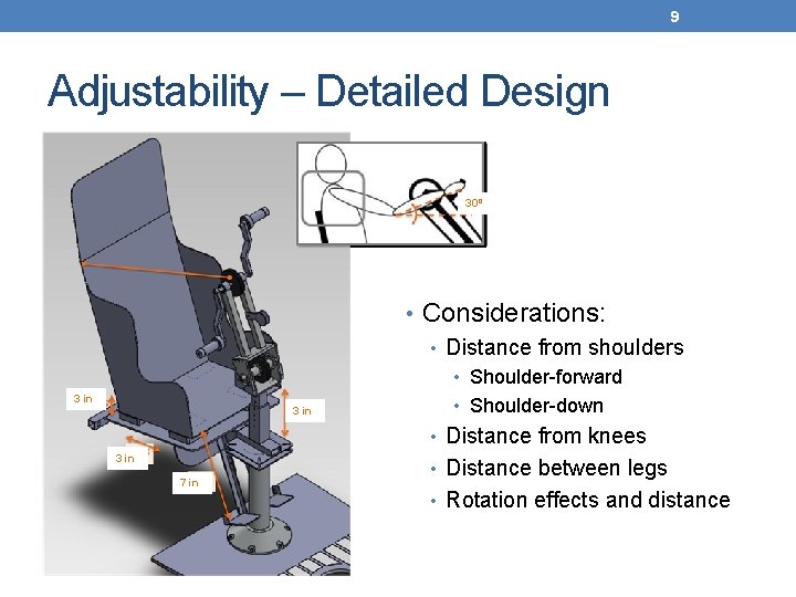 9 Adjustability – Detailed Design 30º • Considerations: • Distance from shoulders • Shoulder-forward