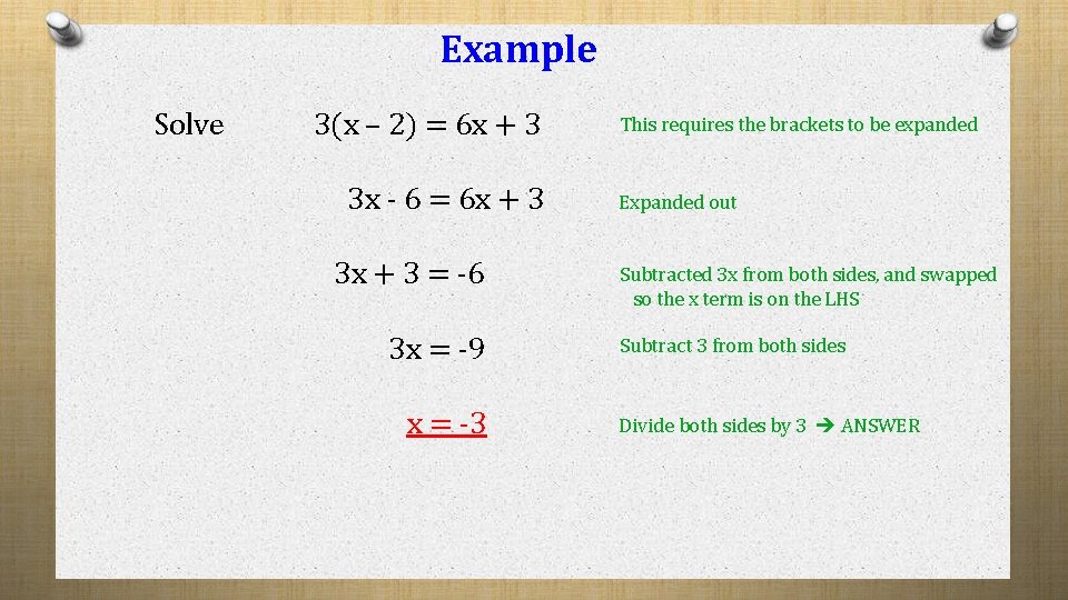 Example Solve 3(x – 2) = 6 x + 3 3 x - 6