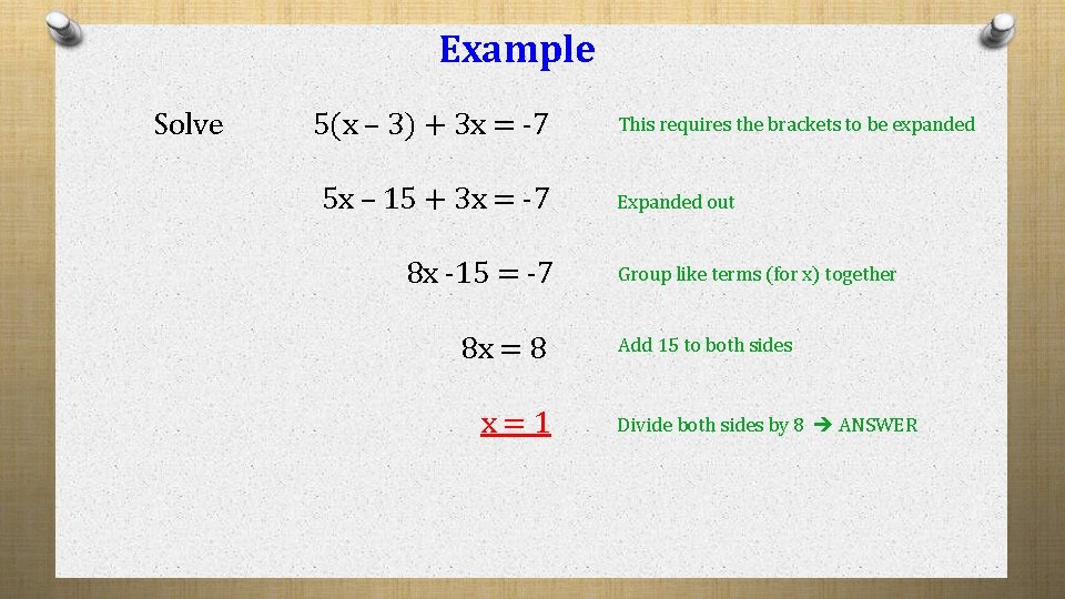 Example Solve 5(x – 3) + 3 x = -7 5 x – 15