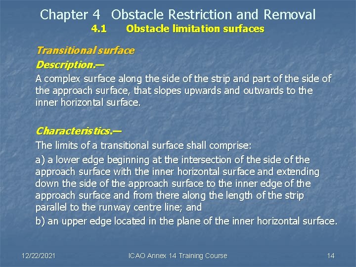 Chapter 4 Obstacle Restriction and Removal 4. 1 Obstacle limitation surfaces Transitional surface Description.