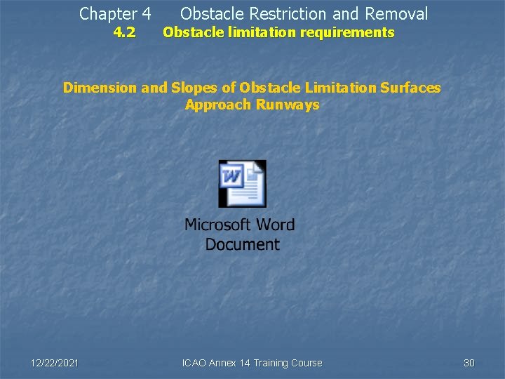 Chapter 4 4. 2 Obstacle Restriction and Removal Obstacle limitation requirements Dimension and Slopes
