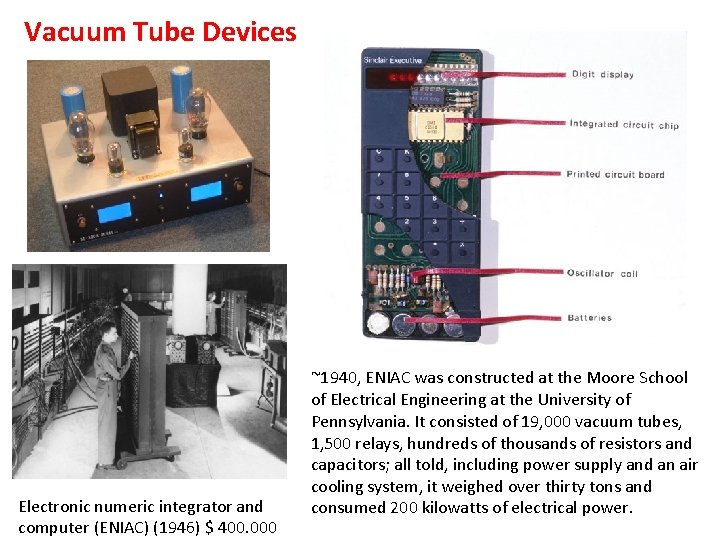 Vacuum Tube Devices ~1940, ENIAC was constructed at the Moore School Electronic numeric integrator