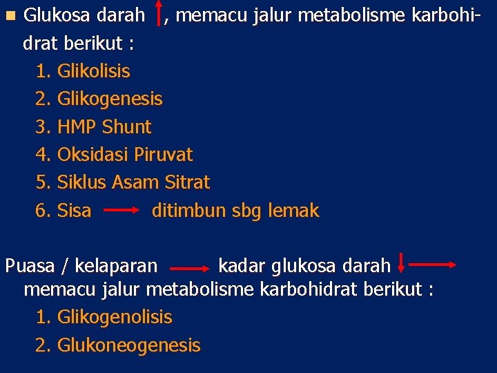 n Glukosa darah , memacu jalur metabolisme karbohidrat berikut : 1. Glikolisis 2. Glikogenesis