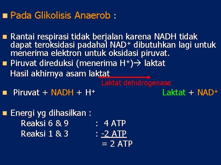 n Pada Glikolisis Anaerob : Rantai respirasi tidak berjalan karena NADH tidak dapat teroksidasi