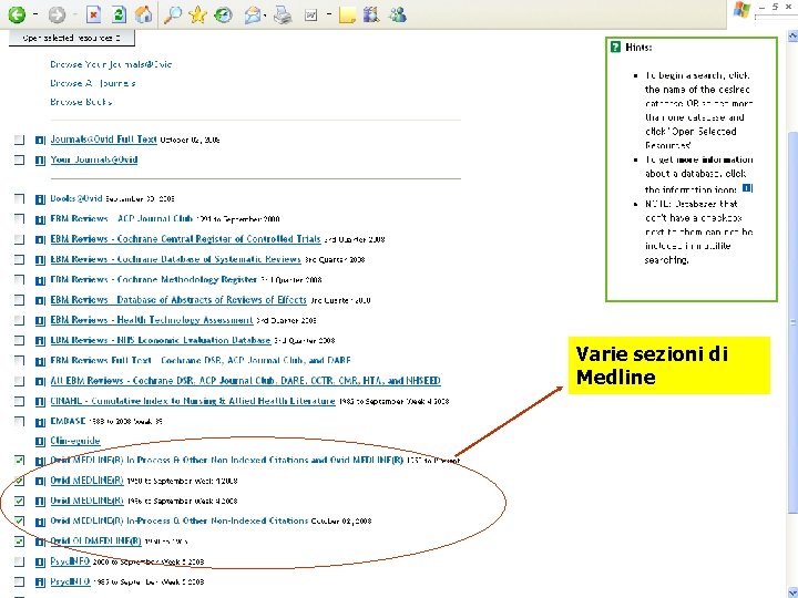 Varie sezioni di Medline 
