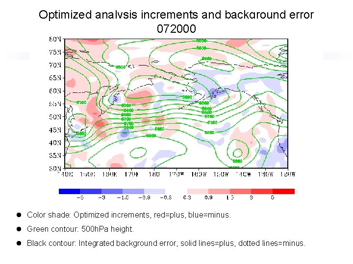 Optimized analysis increments and background error 072000 l Color shade: Optimized increments, red=plus, blue=minus.