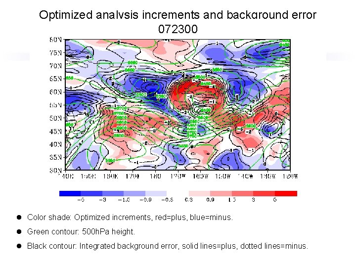 Optimized analysis increments and background error 072300 l Color shade: Optimized increments, red=plus, blue=minus.