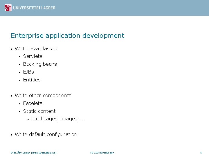 Enterprise application development • • Write java classes • Servlets • Backing beans •