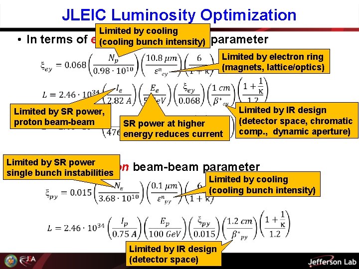 JLEIC Luminosity Optimization • In terms of Limited by cooling electron beam-beam (cooling bunch