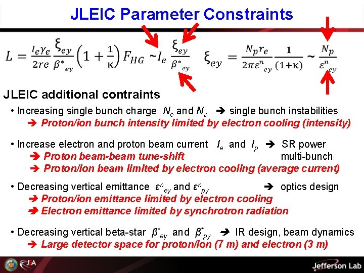 JLEIC Parameter Constraints JLEIC additional contraints • Increasingle bunch charge Ne and Np single