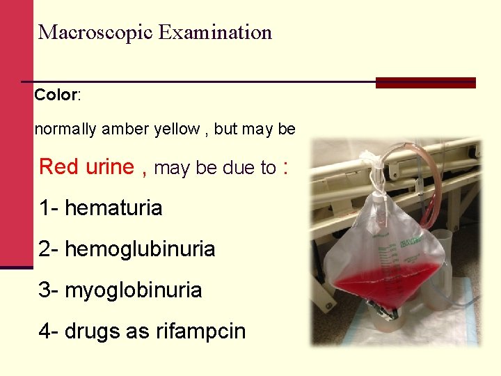 Macroscopic Examination Color: normally amber yellow , but may be Red urine , may