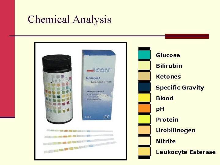 Chemical Analysis Glucose Bilirubin Ketones Specific Gravity Blood p. H Protein Urobilinogen Nitrite Leukocyte