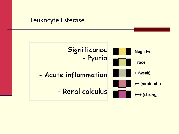 Leukocyte Esterase Significance - Pyuria - Acute inflammation Negative Trace + (weak) ++ (moderate)