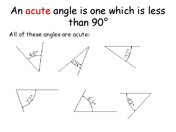 An acute angle is one which is less than 90° All of these angles