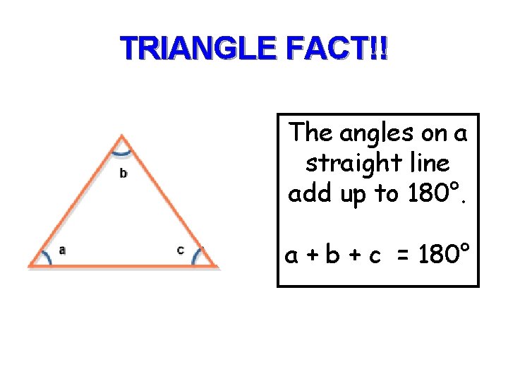 TRIANGLE FACT!! The angles on a straight line add up to 180°. a +