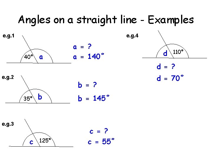 Angles on a straight line - Examples e. g. 1 e. g. 4 40°