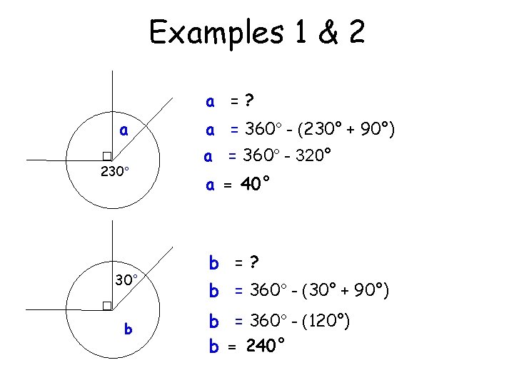 Examples 1 & 2 a =? a 230° b a = 360° - (230°