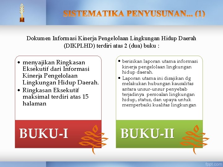 Dokumen Informasi Kinerja Pengelolaan Lingkungan Hidup Daerah (DIKPLHD) terdiri atas 2 (dua) buku :