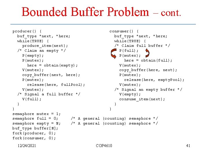 Bounded Buffer Problem – cont. producer() { consumer() { buf_type *next, *here; while(TRUE) {