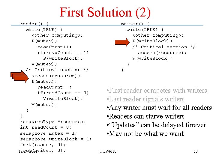 First Solution (2) reader() { while(TRUE) { <other computing>; P(mutex); read. Count++; if(read. Count