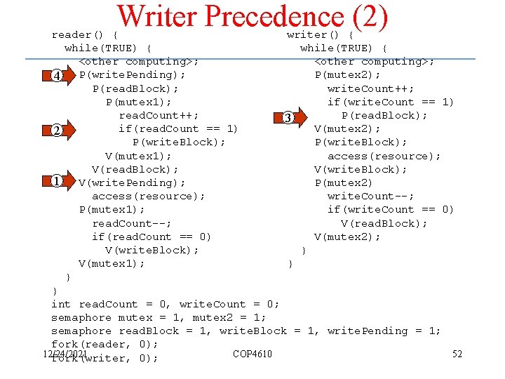 Writer Precedence (2) reader() { writer() { while(TRUE) { <other computing>; P(mutex 2); 4