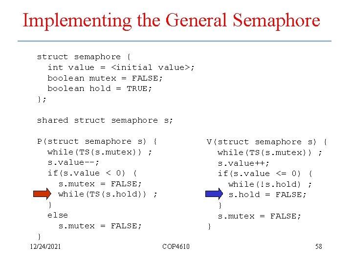 Implementing the General Semaphore struct semaphore { int value = <initial value>; boolean mutex